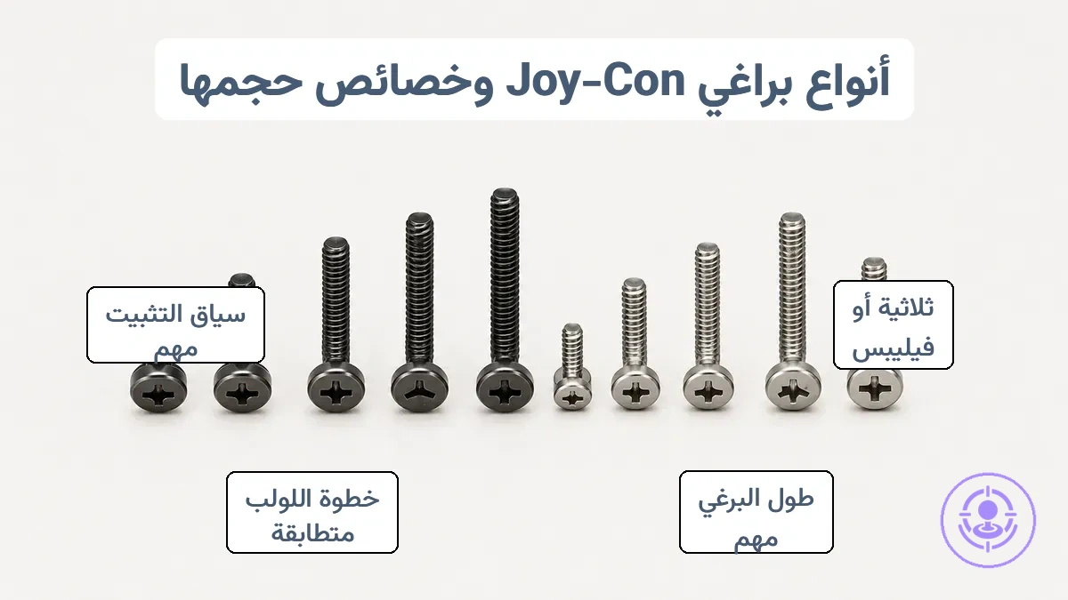 مسامير إصلاح Joy-Con موضحة بأطوال وأشكال رأس مختلفة لمطابقة أكثر أماناً.
