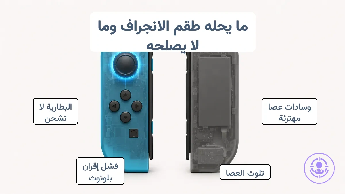Joy-Con مع تعليقات توضيحية تظهر منطقة العصا كنطاق إصلاح الطقم وتذكر المشكلات التي لا يصلحها الطقم