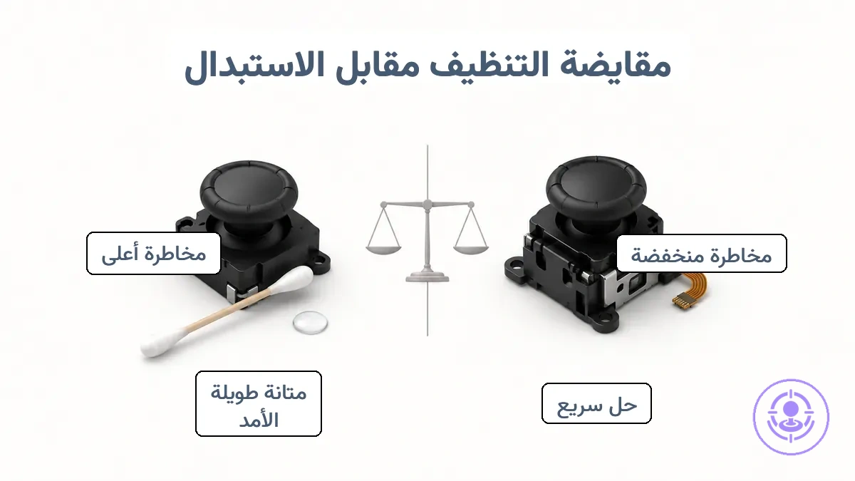 رسم بياني مقارن لمقايضات تنظيف انحراف Joy-Con مقابل طقم الإصلاح من حيث المتانة والخطر والوقت والصعوبة.