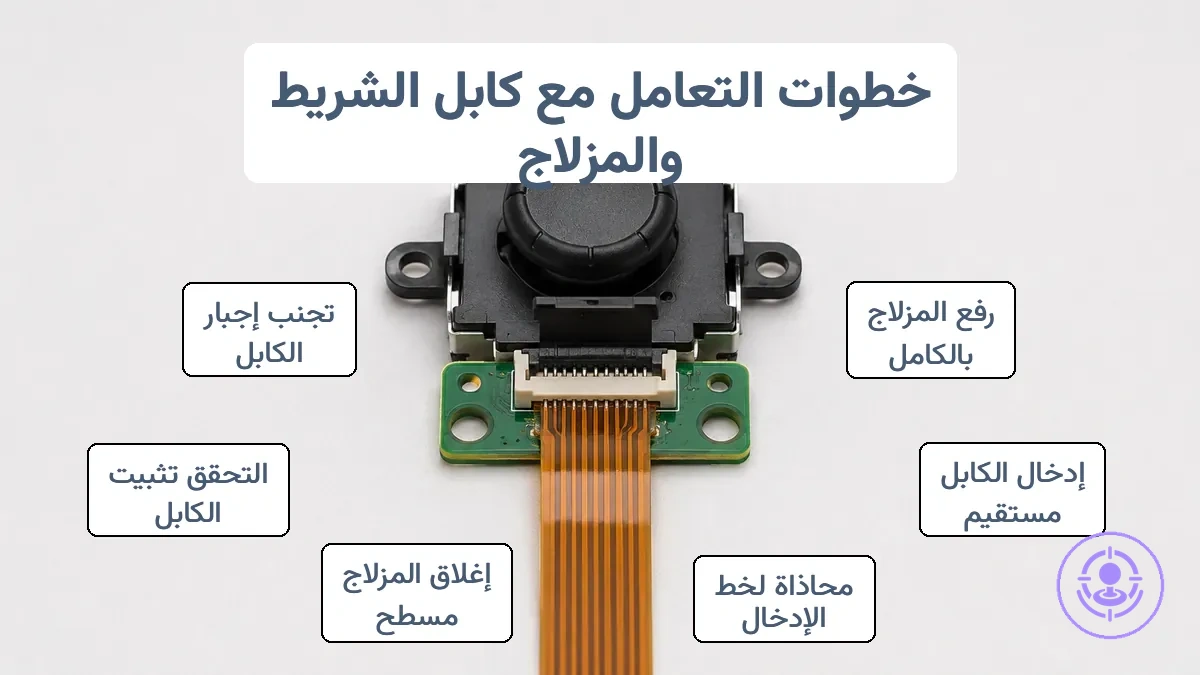 وضع مزلاج موصل الكابل الشريطي ومحاذاته المثبتة أثناء استبدال عصا Joy-Con.