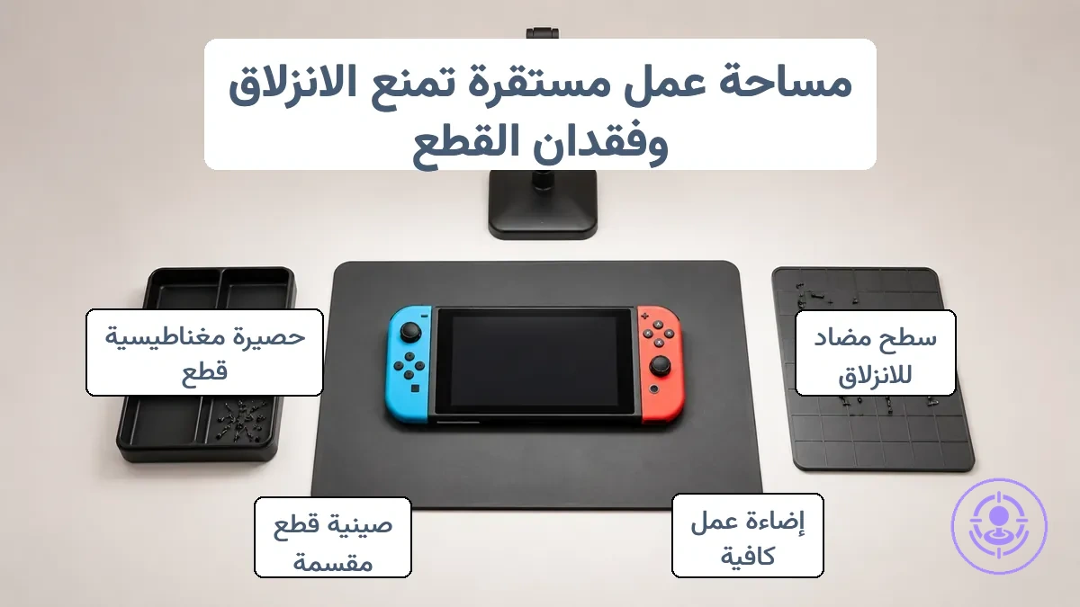 مساحة عمل جيدة الإضاءة مع صينية قطع وحصيرة مغناطيسية مرتبة على سطح ثابت