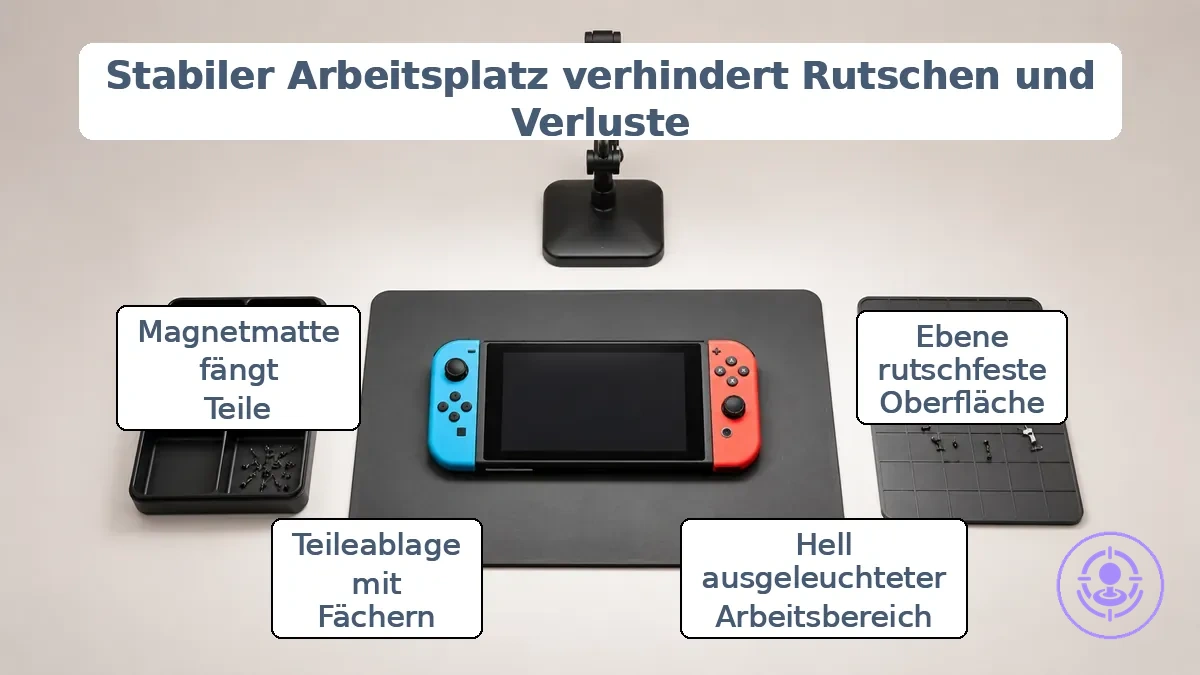 Ein gut beleuchteter Arbeitsplatz mit einer Teileschale und einer magnetischen Matte, angeordnet auf einer stabilen Oberfläche