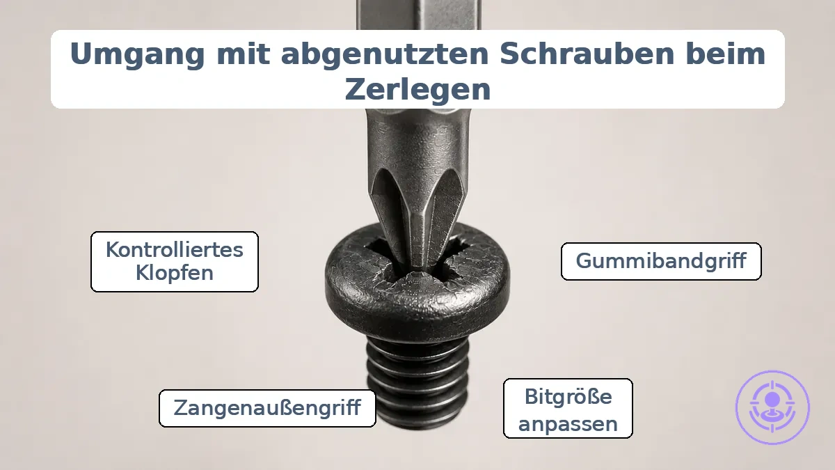 Kommentiertes Beispiel eines Joy-Con-Schraubenkopfes, der beginnt, sich auszunuddeln, und korrekter Sitz des Schraubendreher-Bits.