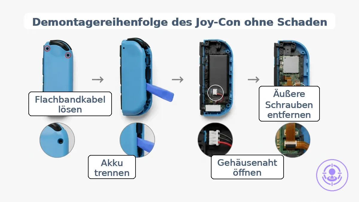 Kontrollpunkte der Joy-Con-Demontagereihenfolge: Positionen der äußeren Schrauben, Gehäusenaht zum Öffnen, Position des Akkuanschlusses und Bereich der Flachbandkabel
