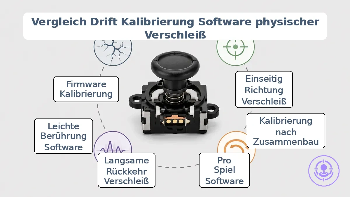 Vergleichstabelle mit Symptommustern zur Unterscheidung von Drift, Kalibrierung, Softwareeinstellungen und physischem Stick-Verschleiß.
