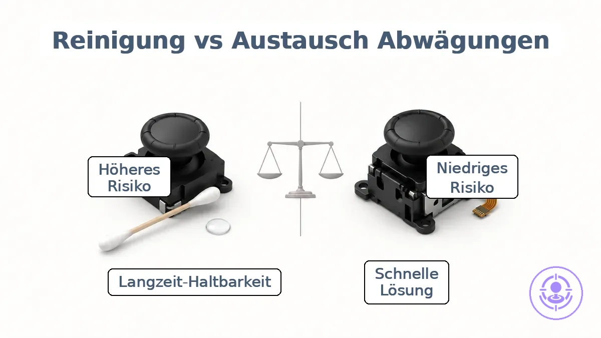 Vergleichsgrafik der Abwägungen zwischen Joy-Con-Drift-Reinigung und Reparaturset für Haltbarkeit, Risiko, Zeit und Schwierigkeit.