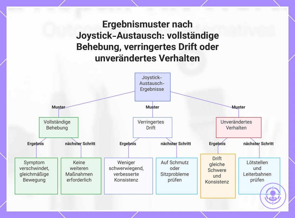 Ergebnismuster nach Joystick-Austausch: vollständige Behebung, verringertes Drift oder unverändertes Verhalten