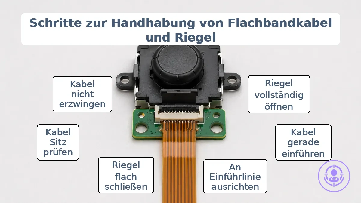 Position der Verriegelungslasche des Flachbandkabels und eingerastete Ausrichtung beim Joy-Con-Joystick-Austausch.