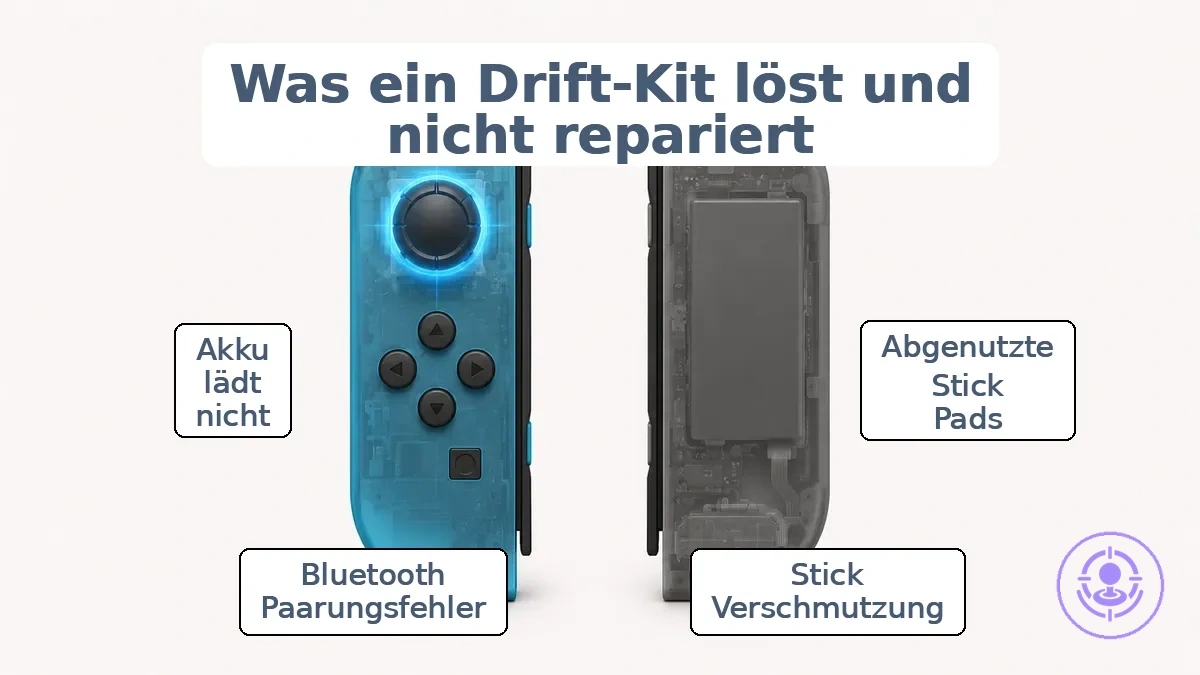 Annotierte Joy-Con-Darstellung mit Markierung des Stickmoduls als vom Set behebbaren Fehler und Hinweis auf Probleme außerhalb des Set-Umfangs