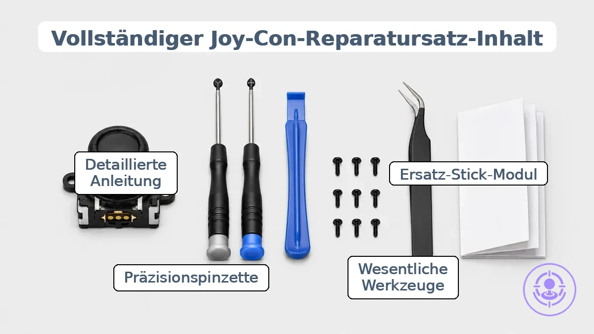 Joy-Con-Drift-Reparaturset: enthaltene Teile und häufig fehlende Werkzeuge für den schnellen Vergleich beschriftet.
