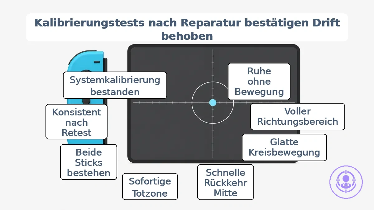 Kalibrierungs-Testbildschirm mit zentrierter Stick-Position und Totzonenring