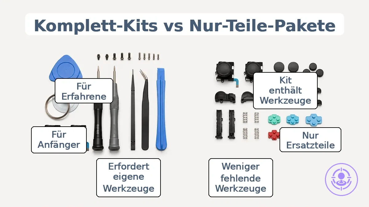 Seitenansicht-Vergleich eines vollständigen Joy-Con-Reparatur-Werkzeugsets und eines Nur-Teile-Pakets