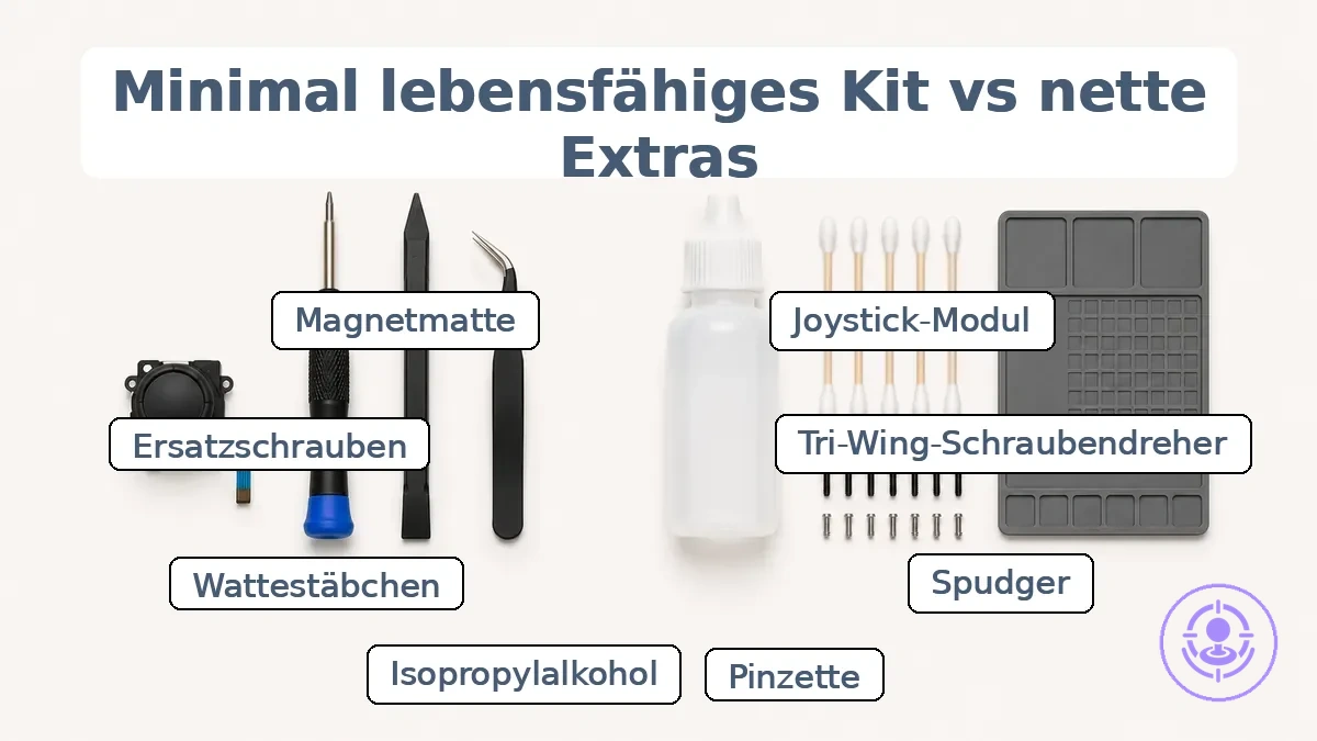 Diagramm der wesentlichen Teile im Vergleich zu optionalen Extras für ein Joy-Con-Drift-Reparatur-Minimal-Kit.