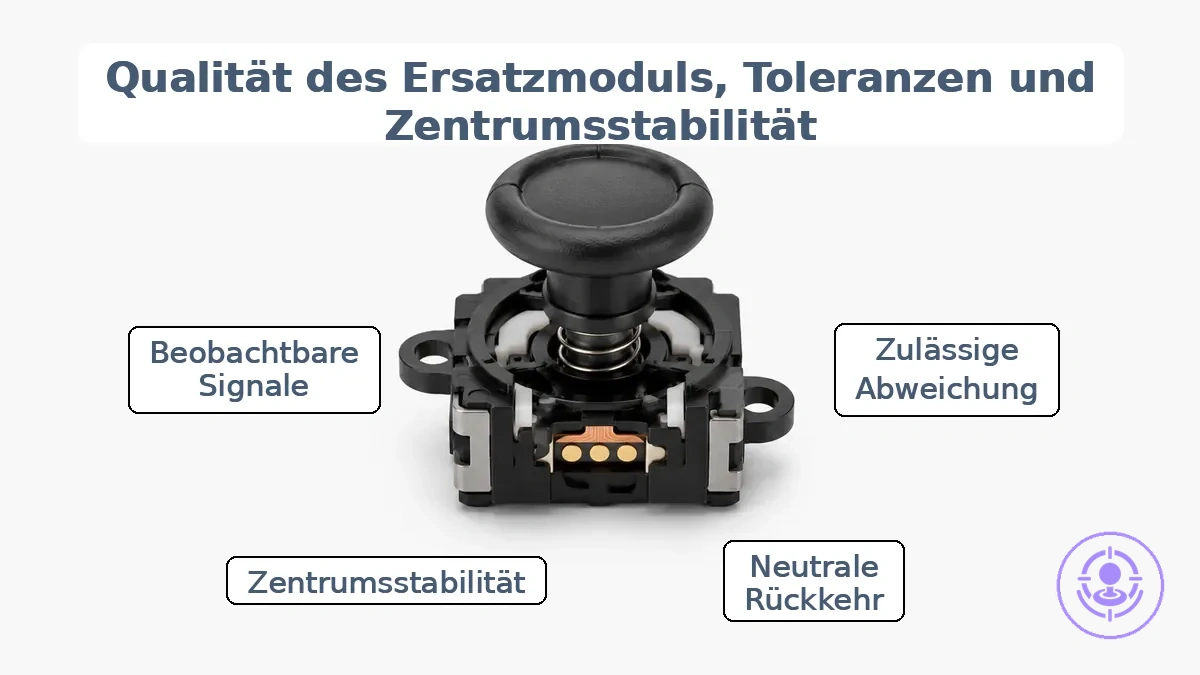 Nahaufnahme eines Ersatz-Joystickmoduls mit internen mechanischen Komponenten, die Toleranz und Zentrierungsstabilität beeinflussen