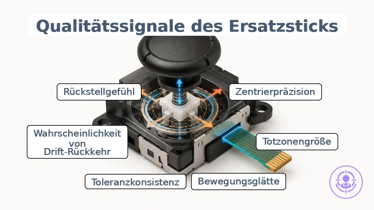 Beschriftetes Joy-Con-Ersatz-Joystick-Modul, das Zentrierungs- und Bewegungsmerkmale zeigt