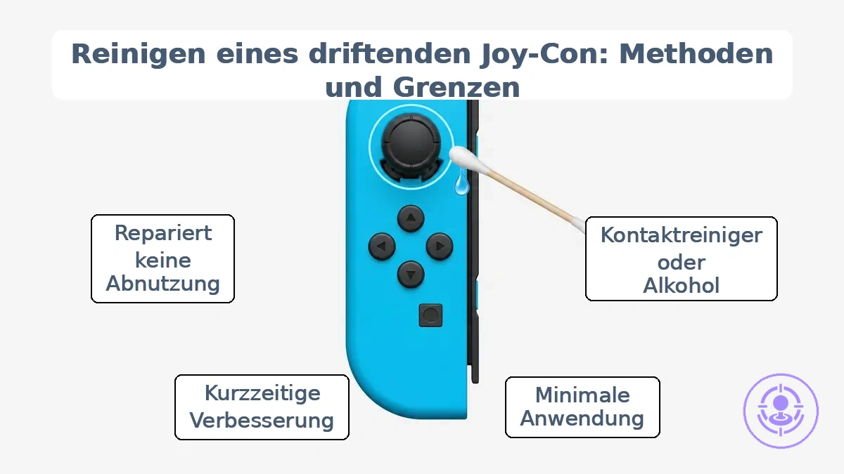 Kommentierter Joy-Con: Joystick-Bereich für Reinigung und Hinweis zur minimalen Anwendung.