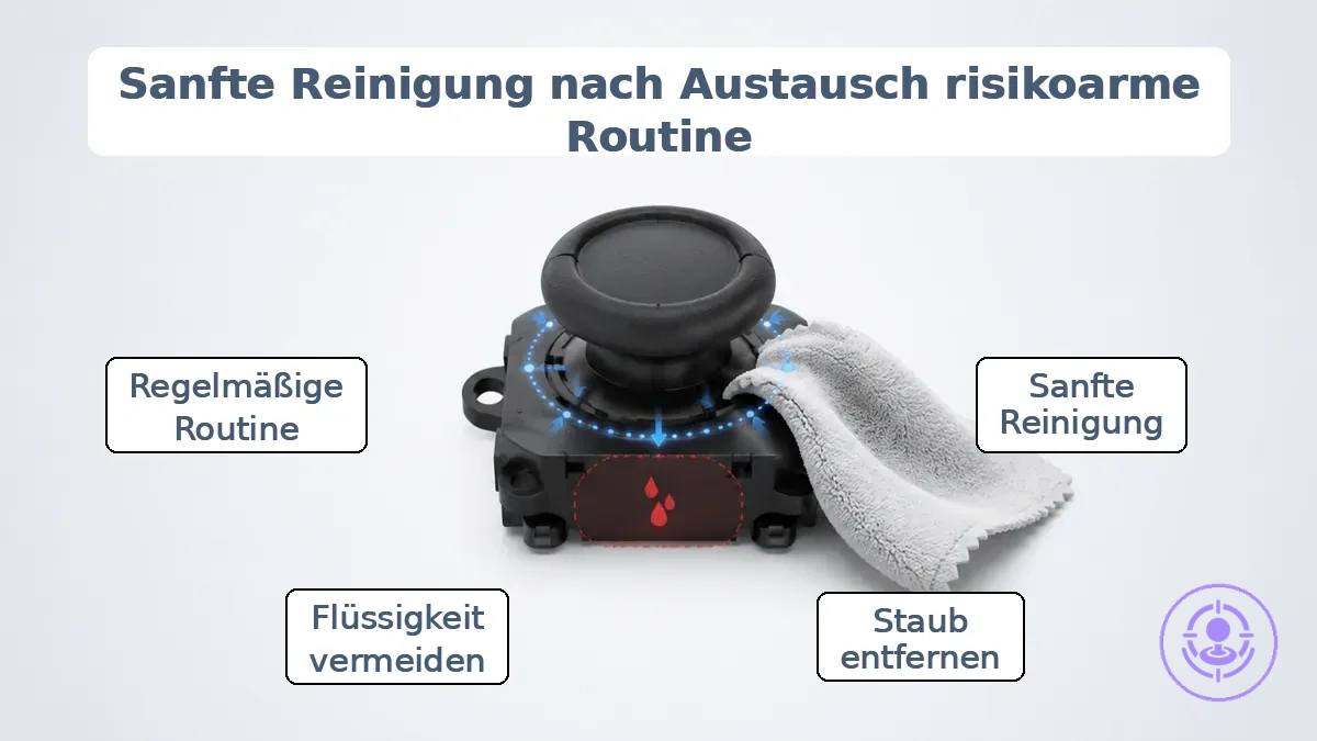 Bereich des Joy-Con-Sticks mit Markierungen, die Reinigungspunkte und Warnung vor übermäßiger Flüssigkeit zeigen.