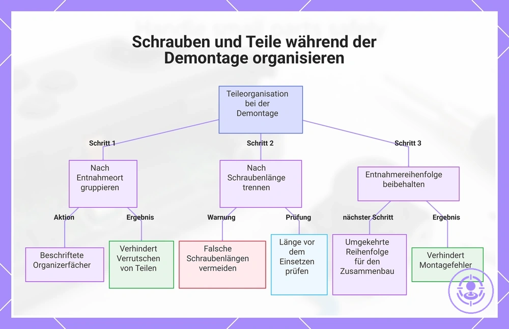 Schrauben und Teile während der Demontage organisieren