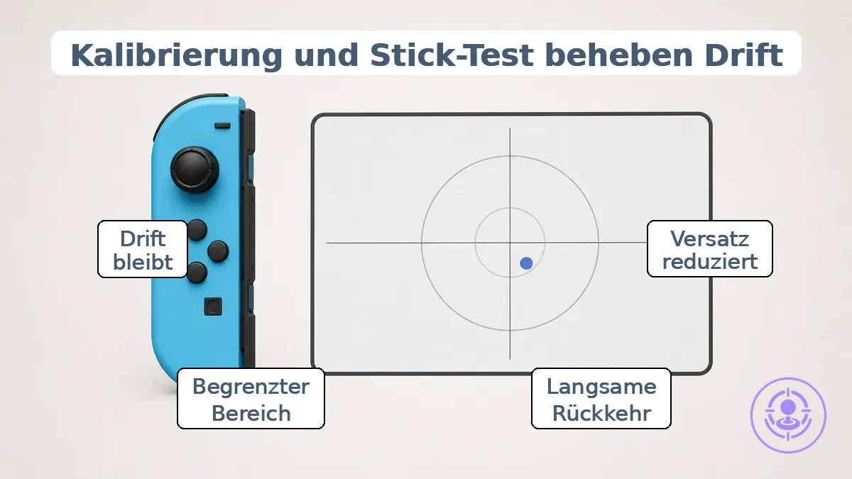 Kommentiertes Stick-Test-Beispiel, das Joy-Con-Mittelpunkt und nicht zentrierte Messung nach Joystick-Austausch zeigt