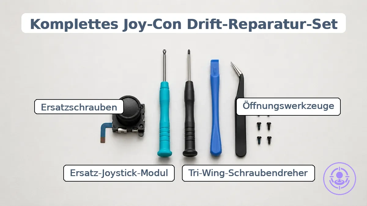 Komponenten eines typischen Joy-Con-Drift-Reparatursets, einschließlich Joystick-Modulen, Tri-Wing-Schraubendreher, Öffnungswerkzeuge, Pinzette und kleine Schrauben auf einer Teileablage