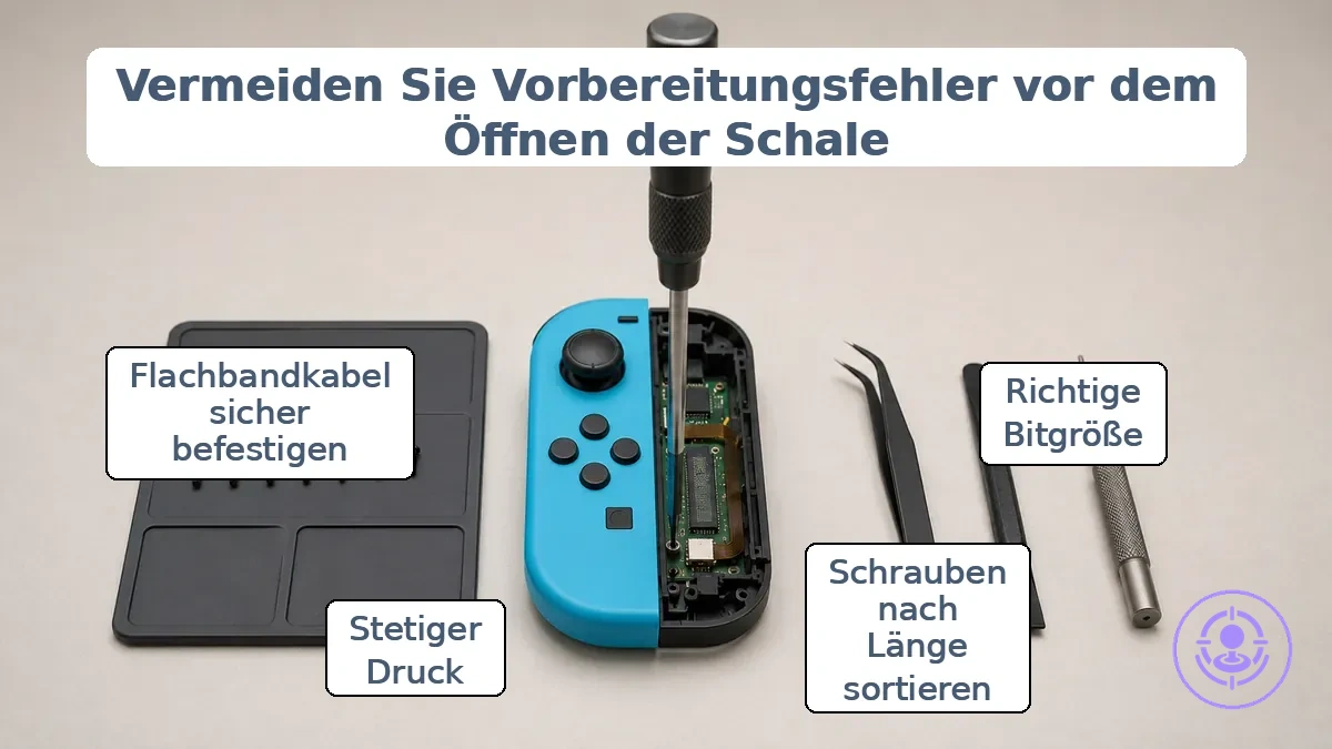 Richtige Joy-Con-Reparaturvorbereitung: Schraubendreher-Bit korrekt eingesetzt und Schrauben nach Länge sortiert.