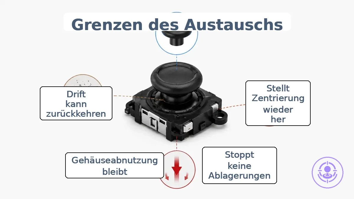 Diagramm, das den Austausch des Joy-Con-Joystickmoduls und die umliegenden Bereiche zeigt, die das langfristige erneute Drift-Auftreten beeinflussen.