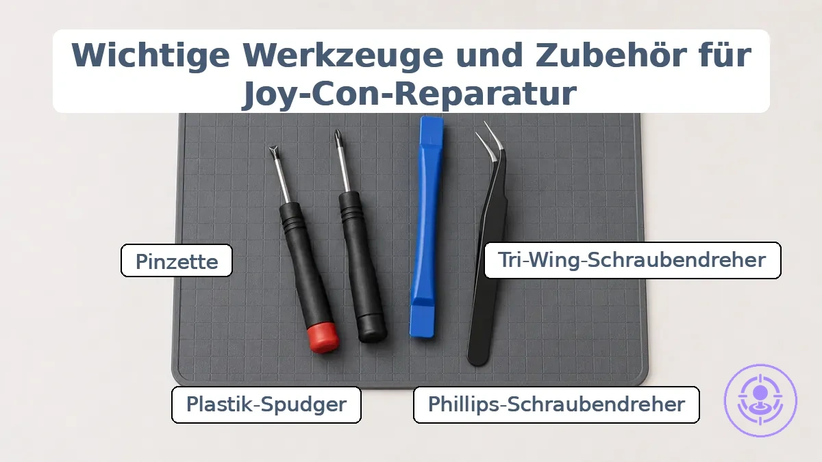 Bereitgelegte Werkzeuge und Materialien für die Joy-Con-Reparatur