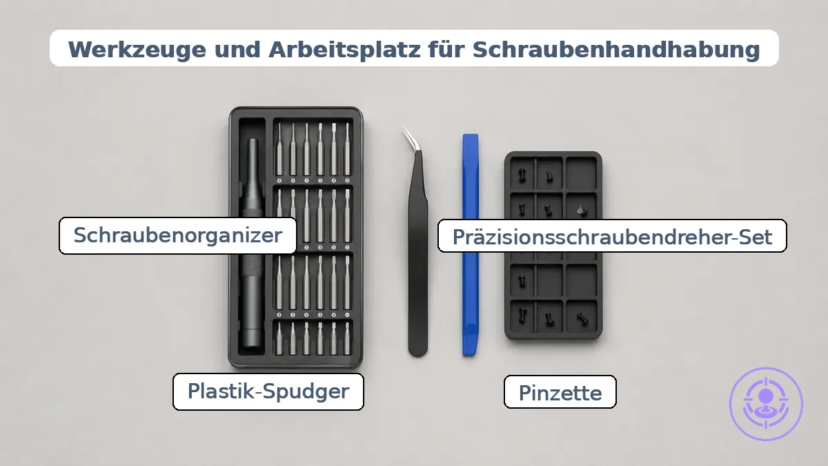 Organisierte Arbeitsplatz-Werkzeuge für den Joy-Con-Joystick-Austausch mit Schraubenfach und Präzisionsschraubendrehern.