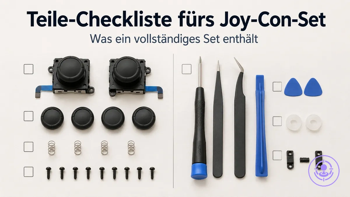 Teile-Checkliste für ein Joy-Con-Drift-Reparaturset mit Ersatz-Joystick, Werkzeugen und kleinen Zubehörteilen