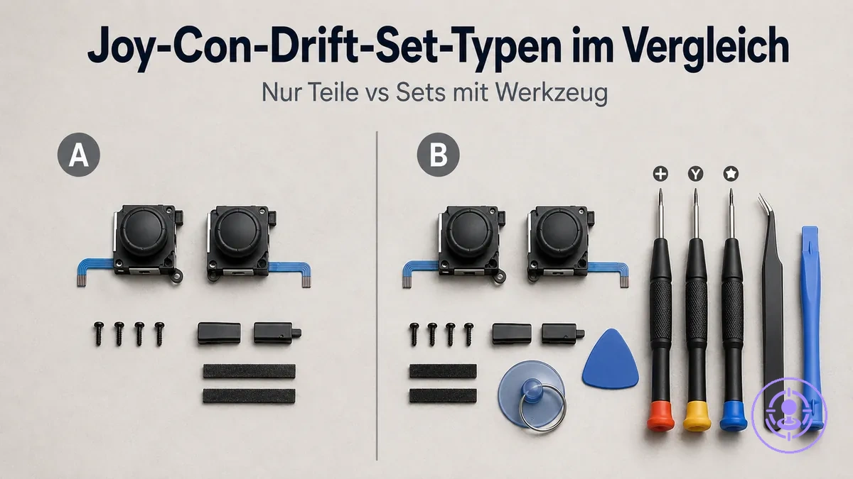 Joy-Con-Drift-Reparatursets nebeneinander: nur Teile und Sets mit Werkzeug zum Vergleich des Lieferumfangs