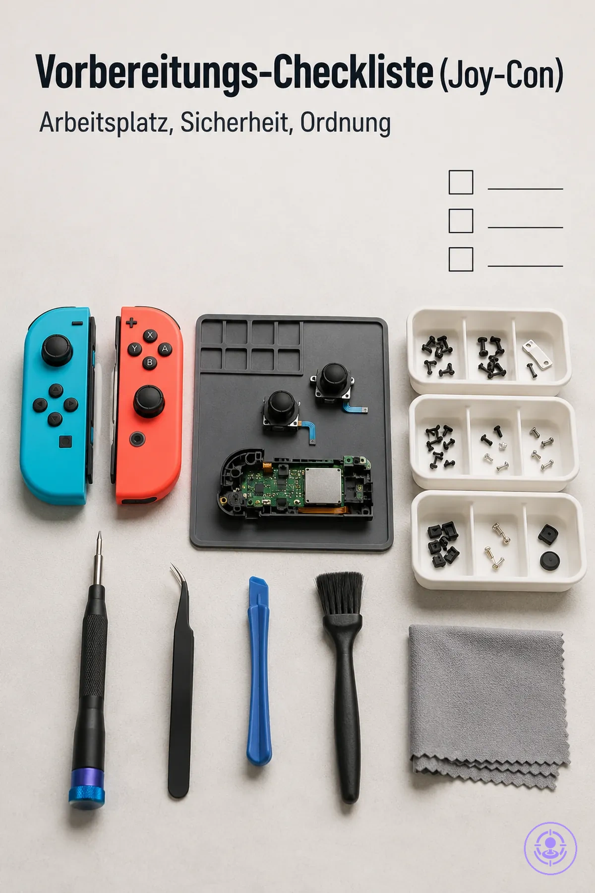 Aufgeräumter Arbeitsplatz für ein Joy-Con-Drift-Reparaturset mit Schraubenschalen, Werkzeugen und sauberer Fläche