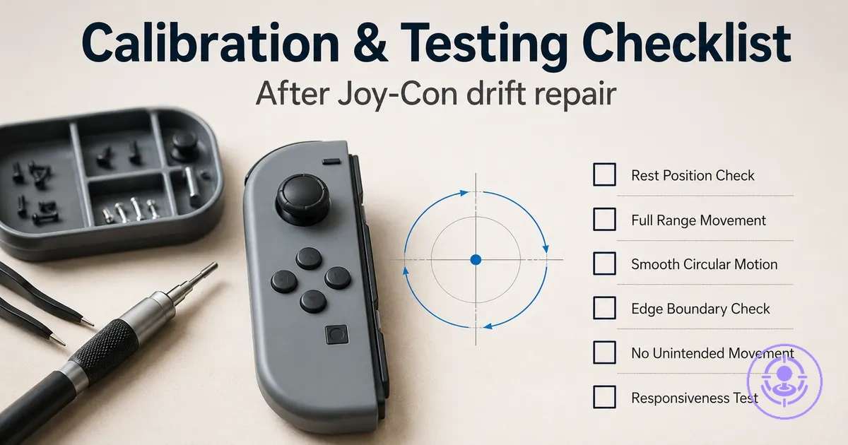 Joy-Con drift repair kit post-repair calibration and testing checklist illustrated with controller movement checks