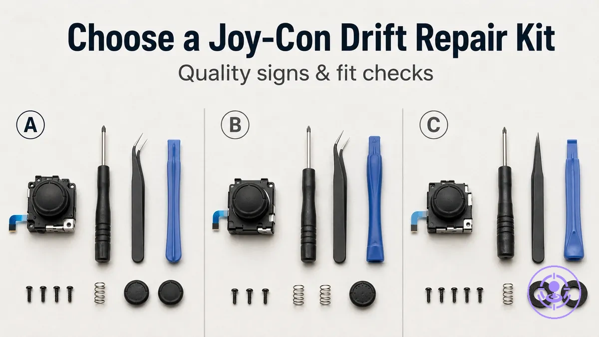 Joy-Con drift repair kit comparison setup showing different kit contents for evaluating quality and fit