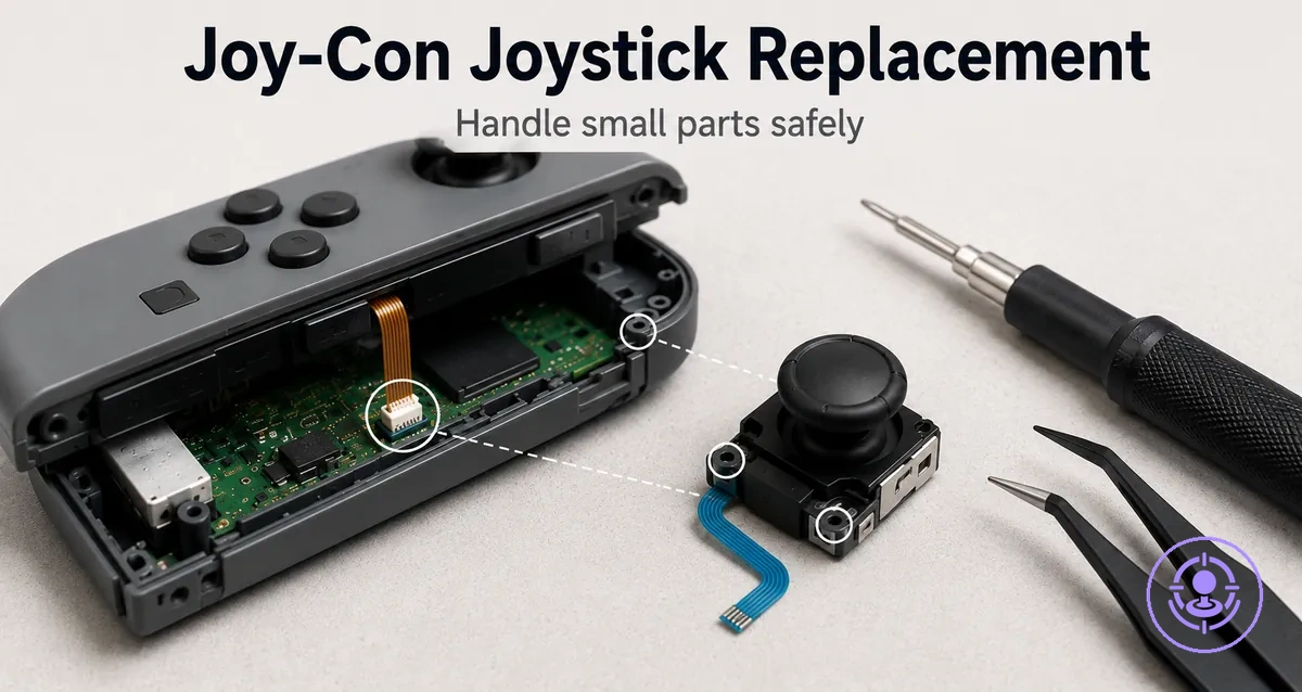 Joy-Con joystick replacement using a drift repair kit with ribbon cable and module alignment shown clearly