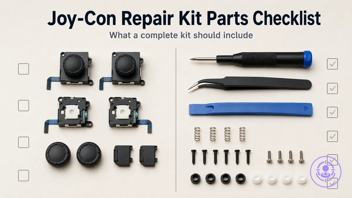 Joy-Con drift repair kit parts checklist image showing replacement sticks, tools, and small accessories