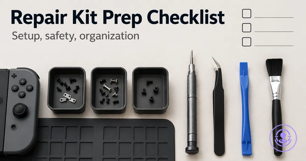 Organized workstation for a Joy-Con drift repair kit showing screw trays, tools, and a clean surface