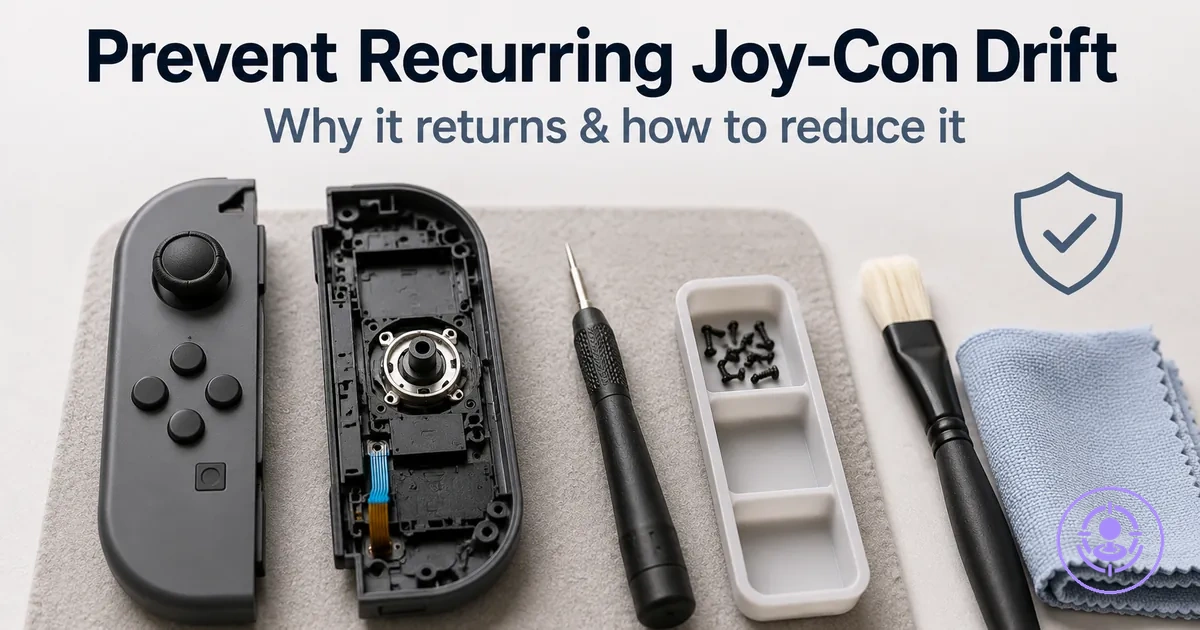 Joy-Con drift repair kit maintenance scene showing cleaned controller area and careful handling to reduce recurring drift