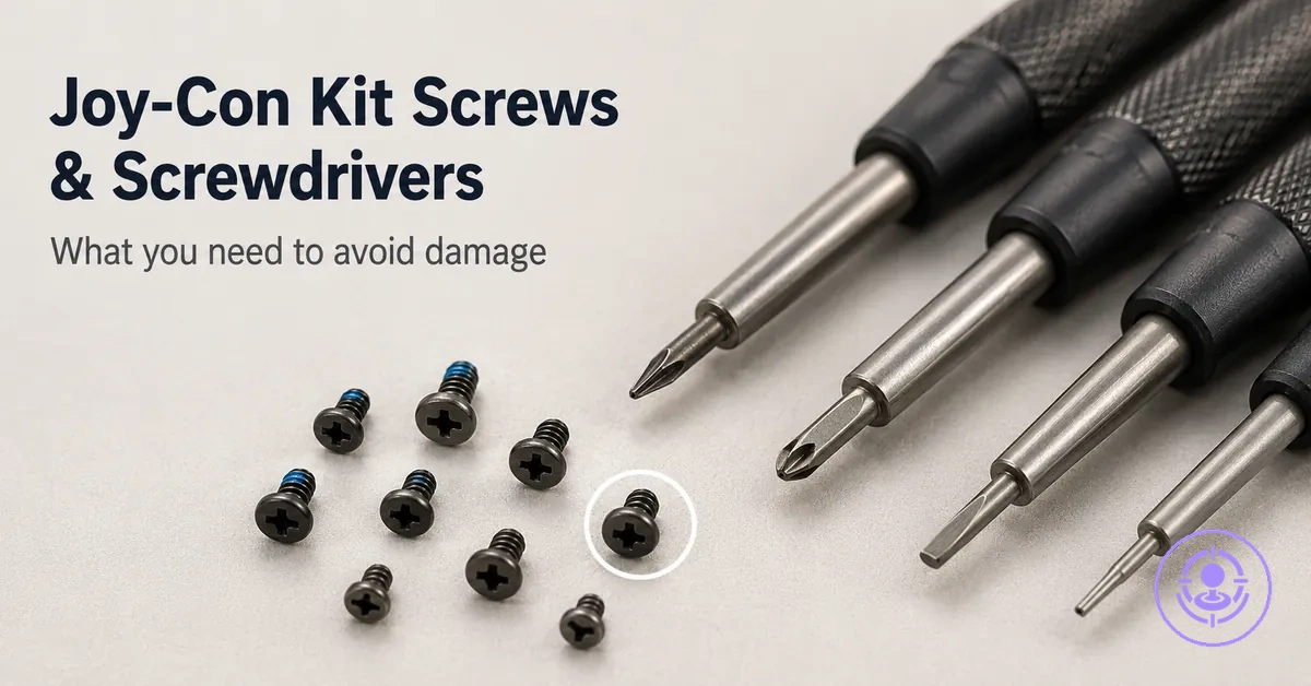 Close-up of precision screwdrivers and tiny screws used with a Joy-Con drift repair kit to prevent stripping