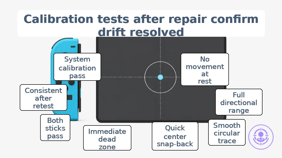 Calibration test screen showing centered stick position and dead zone ring
