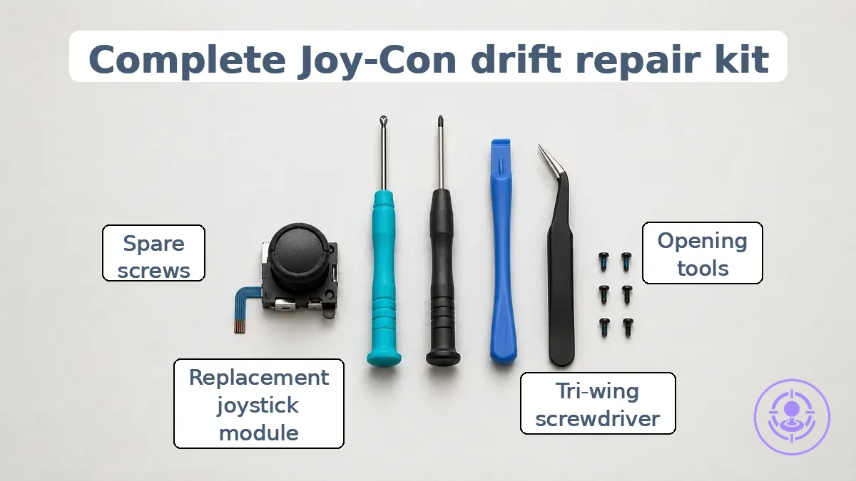 Components of a typical Joy-Con drift repair kit including joystick modules, tri-wing screwdriver, opening tools, tweezers, and small screws on a parts tray