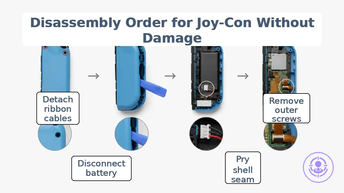 Joy-Con disassembly order checkpoints showing outer screw locations, shell opening seam, battery connector position, and ribbon cable area