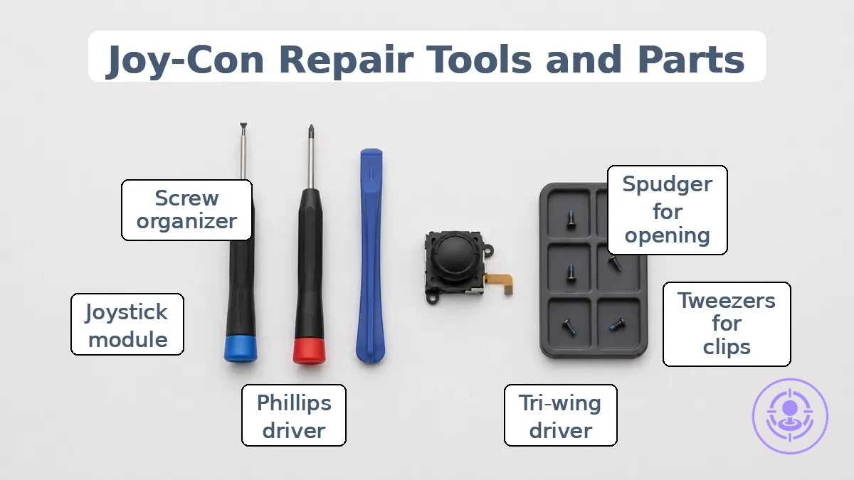 Critical tools and parts for Joy-Con drift repair: tri-wing driver, Phillips driver, spudger, and replacement joystick module.