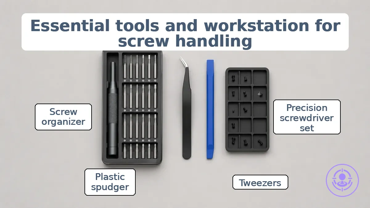 Organized workstation tools for Joy-Con joystick replacement showing screw tray and precision drivers.