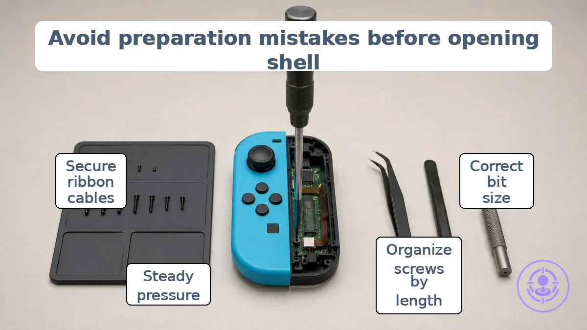 Proper Joy-Con repair preparation: driver bit seated correctly and screws organized by length.