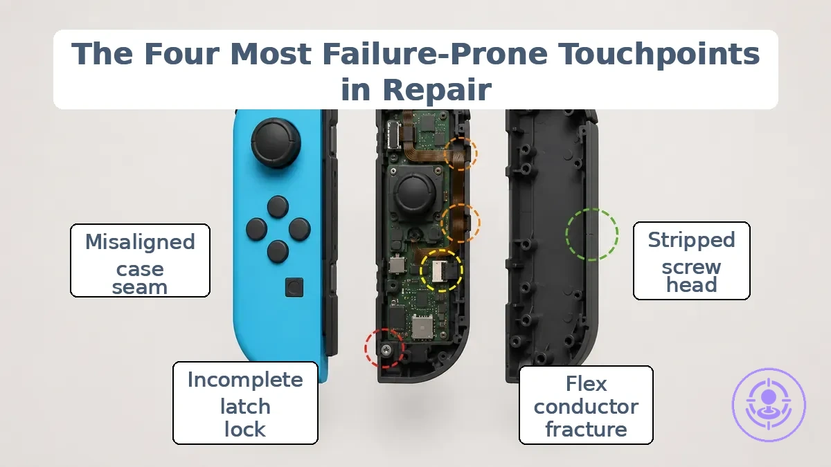 Diagram labeling Joy-Con repair touchpoints: screw heads, ribbon cable, connector latch, and shell seating.