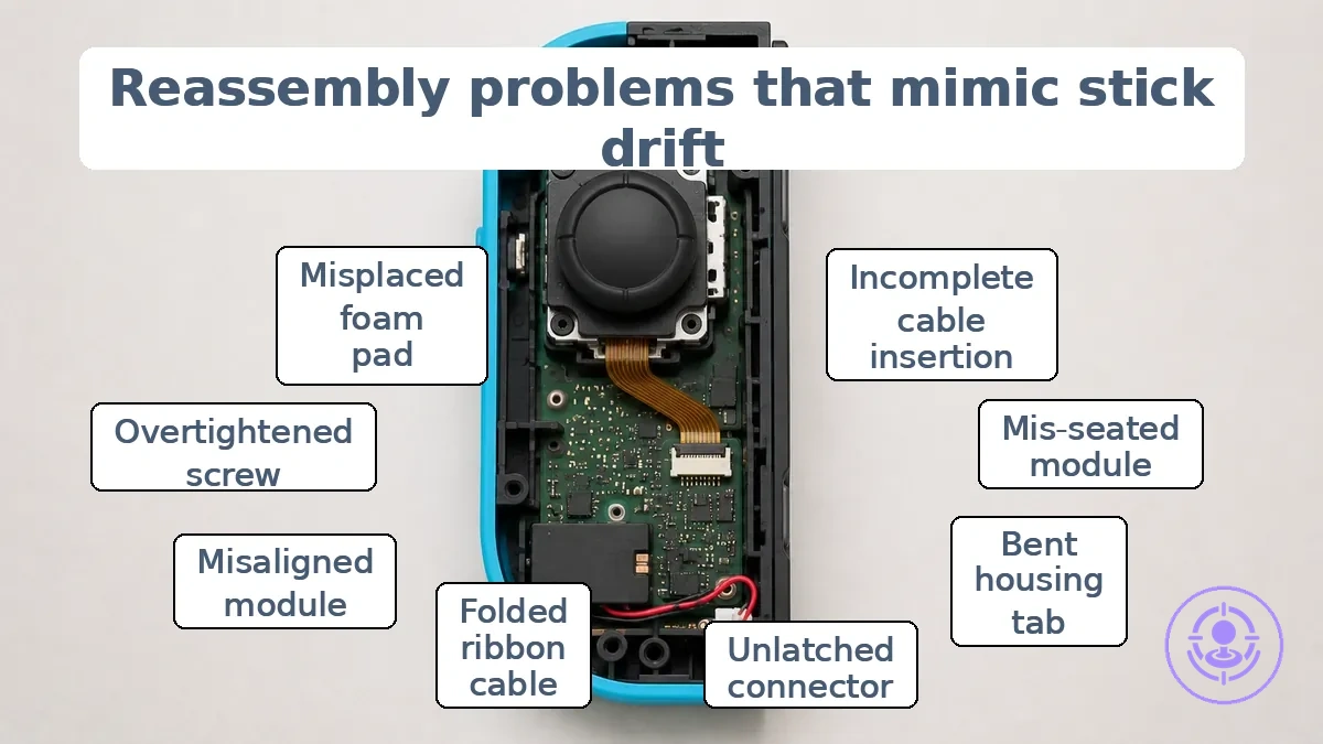 Annotated Joy-Con interior diagram showing joystick module and connector seating points that can mimic drift after repair