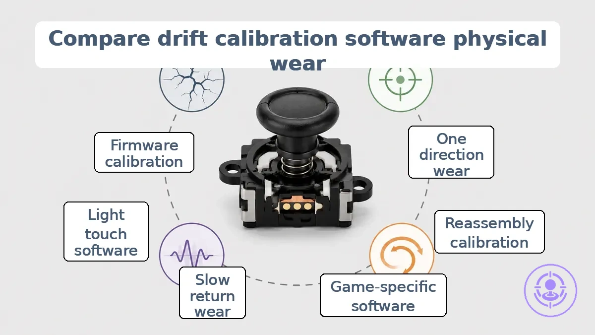 Comparison table showing symptom patterns to distinguish drift from calibration, software settings, and physical stick wear.