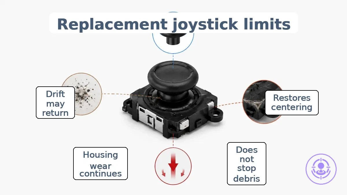 Diagram showing Joy-Con joystick module replacement and surrounding areas that still affect long-term drift recurrence.