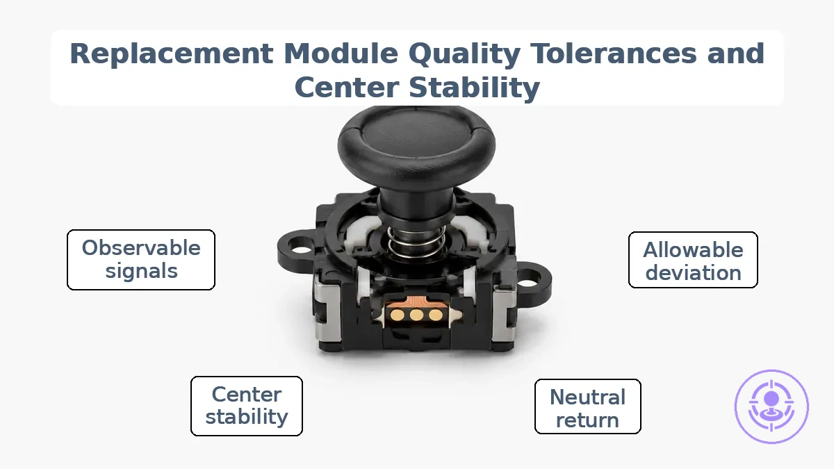 Close-up of a replacement joystick module showing internal mechanical components that affect tolerance and center stability