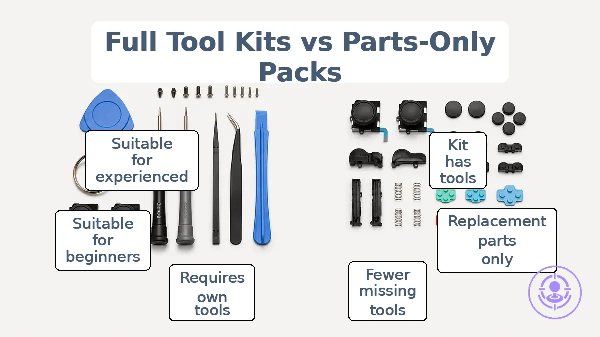 Side-by-side comparison of a full Joy-Con repair tool kit and a parts-only pack